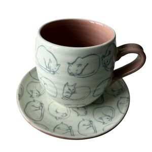 Anthropologie Cat Motif Espresso Cup and Saucer, Pink and Gray, 4.5 oz, NWT